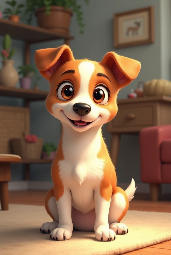 Jack Russell Terrier、The whole body is light brown in color、Perky ears、Adorable expression、Adorable behavior、Expressions of affection、The background is the living room、Deformation
