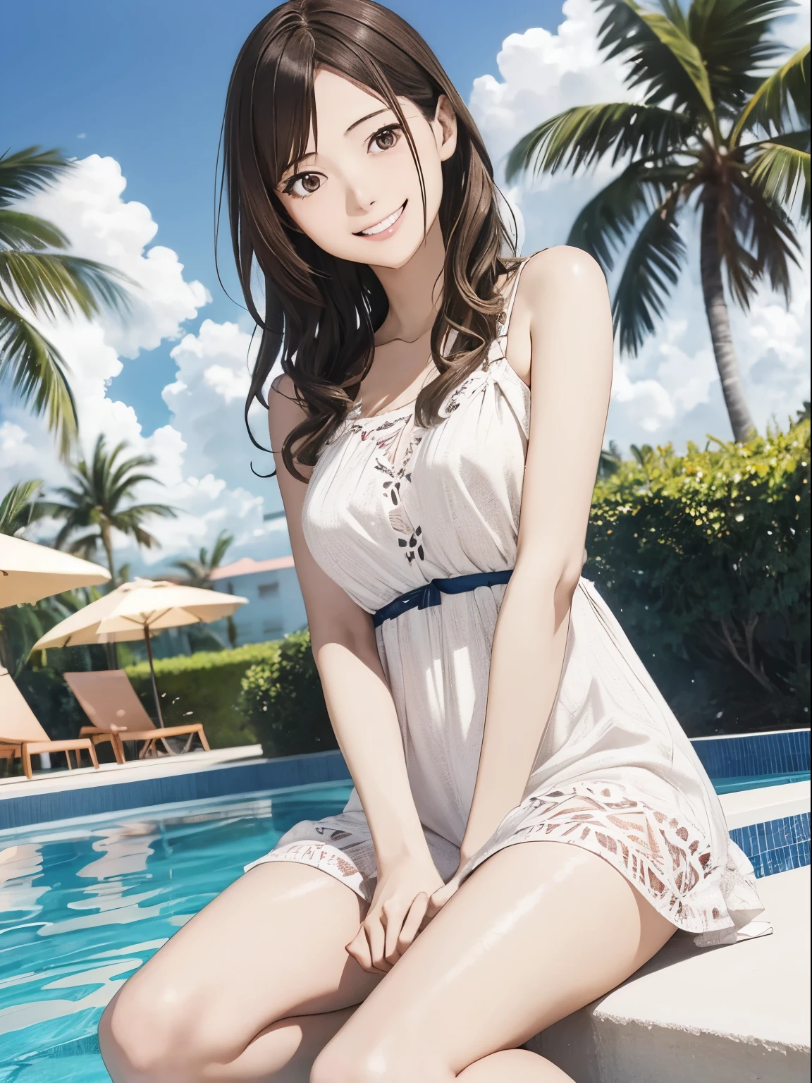 High resolution, 8k, Highest quality, detailed, Semi-realistic anime, Anime 3D Style, Smooth anime CG, One Girl, A 20-year-old Japanese woman, slim, Modeled, Shiny brown hair, detailedな顔, Beautiful and detailed, Glowing Skin, Hard Focus、Film Grain, Soft lighting, Looking at the audience, Laughter, (Woman wearing a summer dress and sandals), Poolside at a tropical resort hotel、Palm tree landscape