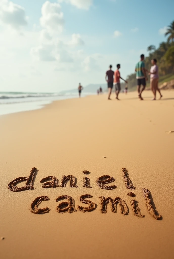 "danielcasmil"handwritten on kenyan beach sand with few people around 