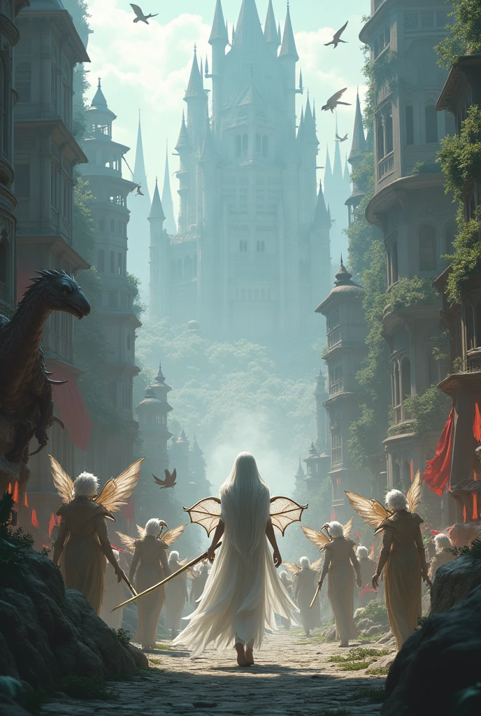 a wingless white fairy woman and her wingless army are fighting in a magical city full of monsters using crossbows. Professional. 3d. ,ultra realistic, very detailed, digital art. game art
