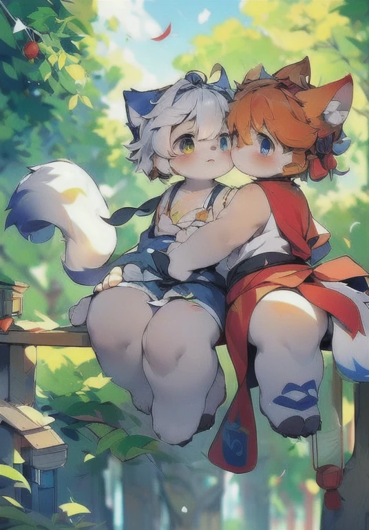 Two white male cats,White fur,One blue eye brown hair,One golden eye and silver hair,Looking at each other,Hold together,Lovely,Q version,Hanfu,blush,kiss,Chinese ancient architecture background,Big furry tail,Hairy pads