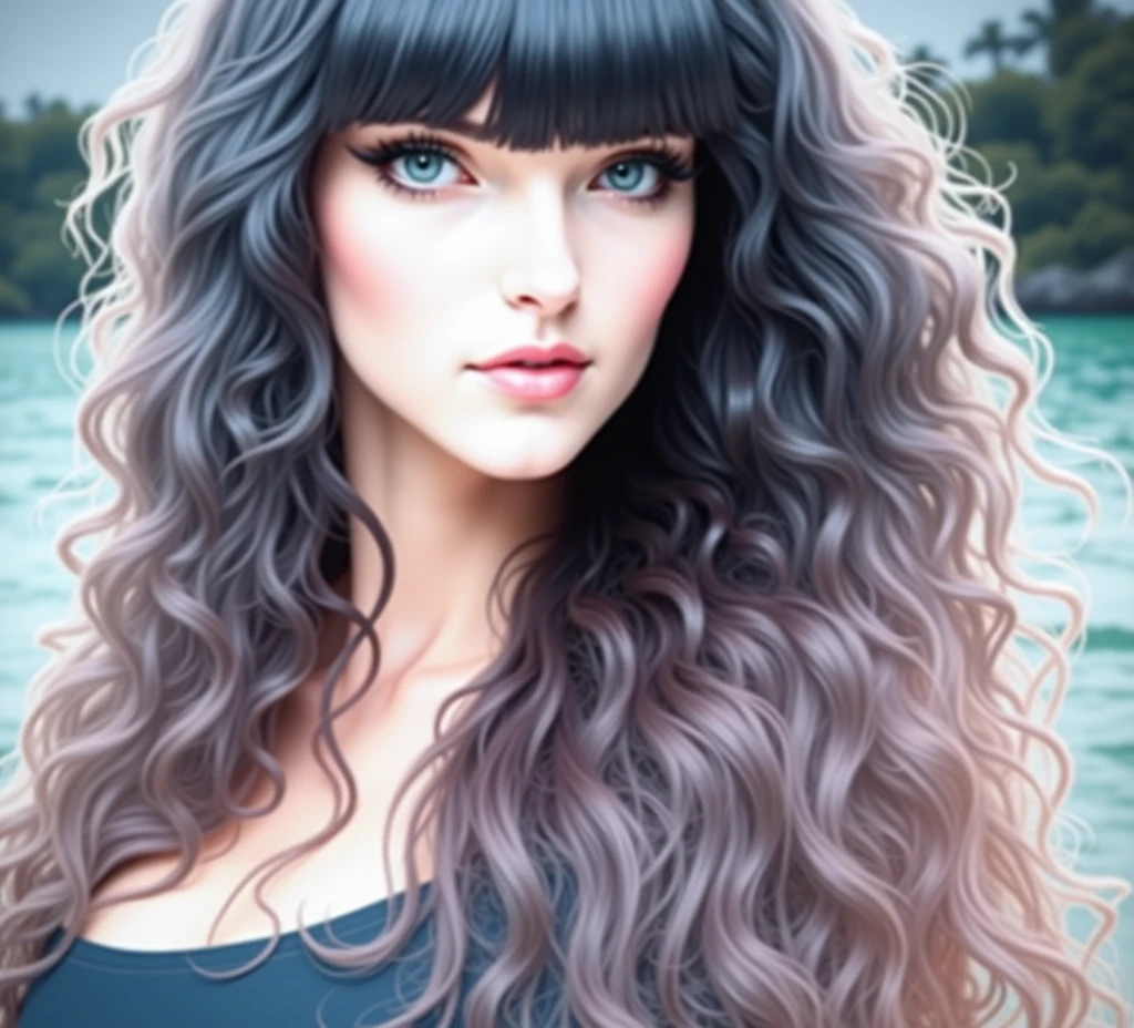 there is a woman, Lady Venus with long hair and a black top, big flowing hair, big hair, flowing massive hair, long brown puffy curly hair, long wild black curly hair, hair blackbangs hair, black long curly hair, long curly black hair, long fluffy hair, wavy black hair, vibrant dark wavy hair, her black hair is a long curly, black wavy hair