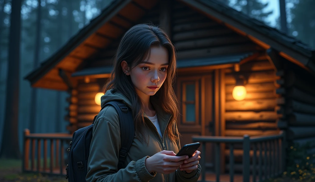 Lucy at the cabin at night grabbed her phone and called