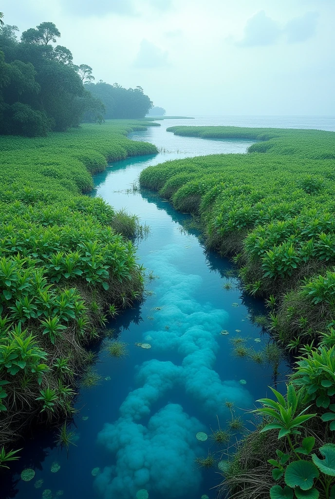 MARSH ECOSYSTEM WITH BLUE CARBON, without animals, FROM A BAY IN EL SALVADOR, without mountains, THAT IN THE DISTANCE YOU CAN SEE A MANGROVE

