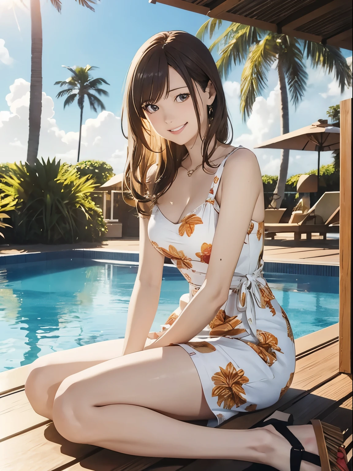 High resolution, 8k, Highest quality, detailed, Semi-realistic anime, Anime 3D Style, Smooth anime CG, One Girl, A 20-year-old Japanese woman, slim, Modeled, Shiny brown hair, detailedな顔, Beautiful and detailed, Glowing Skin, Hard Focus、Film Grain, Soft lighting, Looking at the audience, Laughter, (Woman wearing a summer dress and sandals), Poolside at a tropical resort hotel、Palm tree landscape