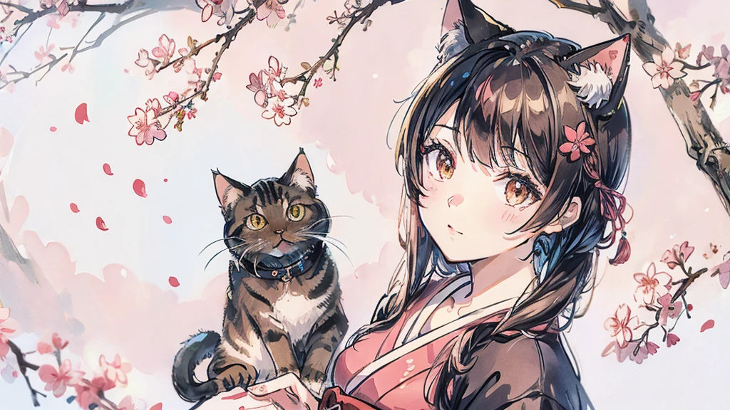 Cat ear　Japanese style　cherry blossoms　beautiful girl　moon