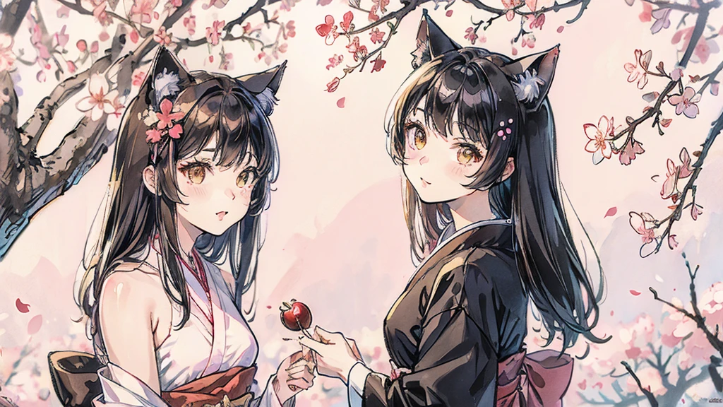 Cat ear Japanese style cherry blossoms beautiful girl moon