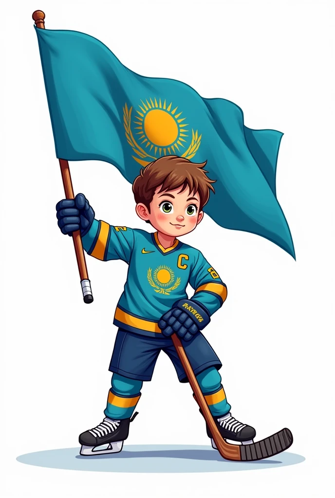 ((officially)) ((masterpiece)) ((Best quality)) ((detailed)) cartoon boy hockey player in uniform with emblem flag of Kazakhstan in hand stick in full growth on white background