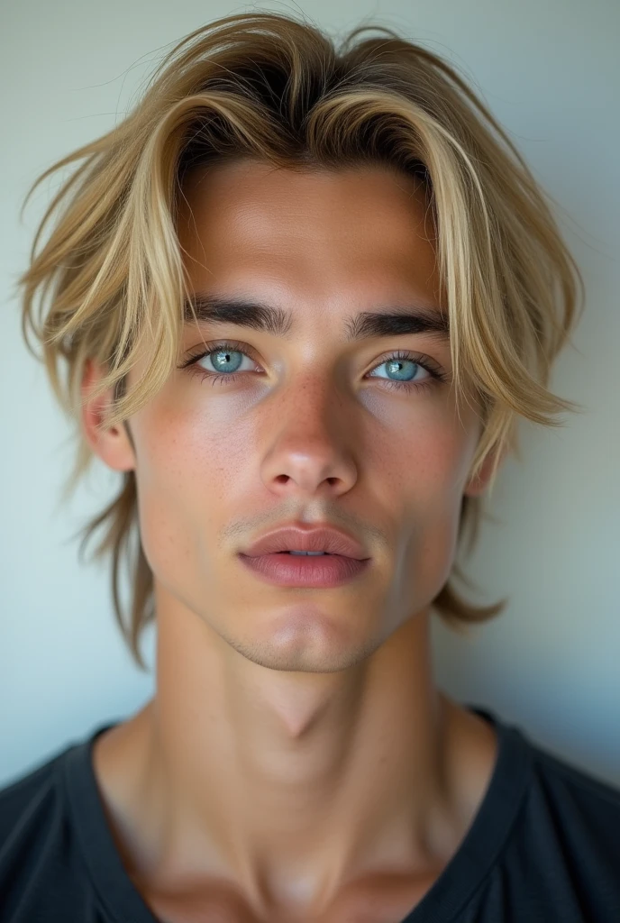 White handsome Asian guy with blue eyes and middle long blonde hair