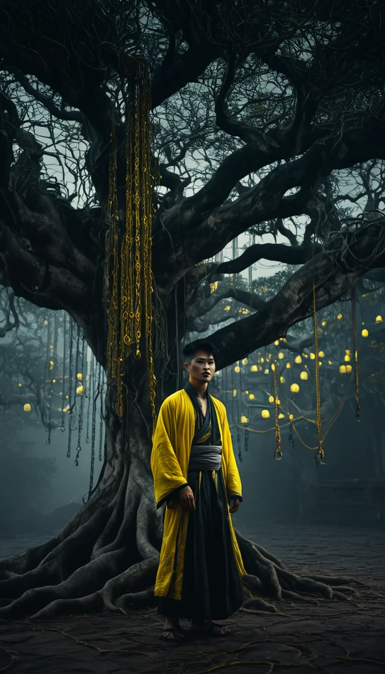 Eerie, hazy moonscape with a twisted ancient banyan tree. A sad Asian young man tied to the tree with glowing chains, dressed in ancient Chinese yellow brocade. Dark, gloomy lighting. Surreal, gothic. 8K resolution.