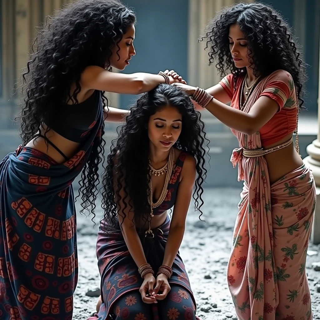 An unusual yet intriguing scene set within the sacred precincts of an ancient Indian Kali temple. Three young Indian ladies, adorned in vibrant, traditional sarees, stand out against the dark, mystical backdrop. Their unnaturally black, 3C curly hair, reminiscent of coiled springs, draws the eye with its inexplicable sheen and volume. Each strand seems to have been meticulously crafted by an unseen hand, coiled and coiled a million times over until it reaches a state of surreal perfection. The hair appears to have been showered with an unimaginable amount of oil, so much so that it resembles wet pulp, saturated and absorbing the light around them. The kneeled lady in the center, with her hair cascading down her back, is the focal point as her tresses shimmer and reflect like a sea of black mirrors. The other two ladies, their own hair equally as wet and oil-soaked, lean over her from behind. With a playful yet fervent expression, they begin to lick and kiss her scalp, their movements seemingly driven by an unbridled passion. This act of intimate hair worship is both mesmerizing and slightly jarring, as their thick, curly locks, like dark waterfall of springs, bounce and sway with each tender caress. The scene is suffused with an air of strange ritual, as if the very essence of the divine is being invoked through the act of grooming and adoration. Each curl is a testament to the boundless creativity of nature, while the trio's shared experience speaks to a deep-rooted bond of sisterhood and the mysterious powers of feminine unity. The image captures a moment that is at once sensual, spiritual, and eerily beautiful, leaving the viewer to ponder the story behind this peculiar tableau.
