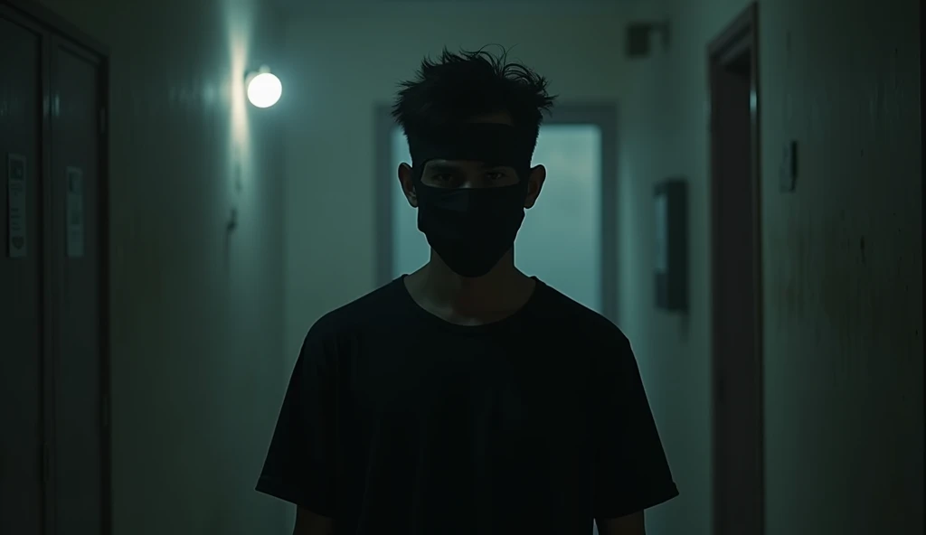 A Indian men wearing mask on the face because he didn't wants to revile own face and he also wear black t-shirt. Short mask use and image some jome. The men is young and his colour is Indian white. Image is some horror