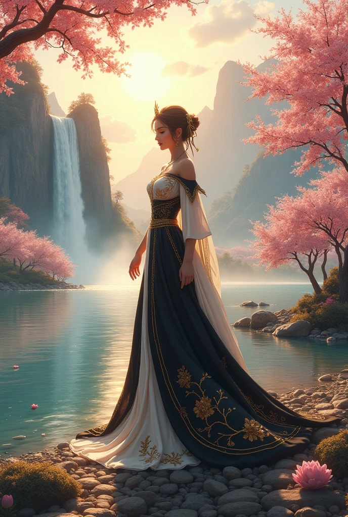 A queen walk a beautyful lake arond mountain waterfall a queen dress color black and white golden side and cherry trees sunrise’ sky’ 