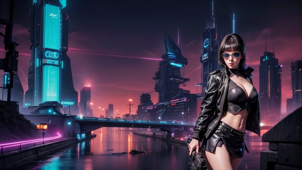 (Wide angle view). Blade Runner style futuristic city, simple outlined transparent neon tall buildings, glowing giant clock tower, flying cars, helicopter, lightning, 3D rendering Beeple. At night, (1girl, solo, alone), photorealistic, medium-breast slim:0.6 body, oval:0.6 face, cleavage:1.1, sexy black laced bra, glove, deep-V, (very low angle view of miniskirt), white laced panty, coat, (Matrix style black micro sunglasses), ((aiming viewer with a short gun)), (running pose), (half-body thigh level close-up shot), cinematic lighting, ray tracing.