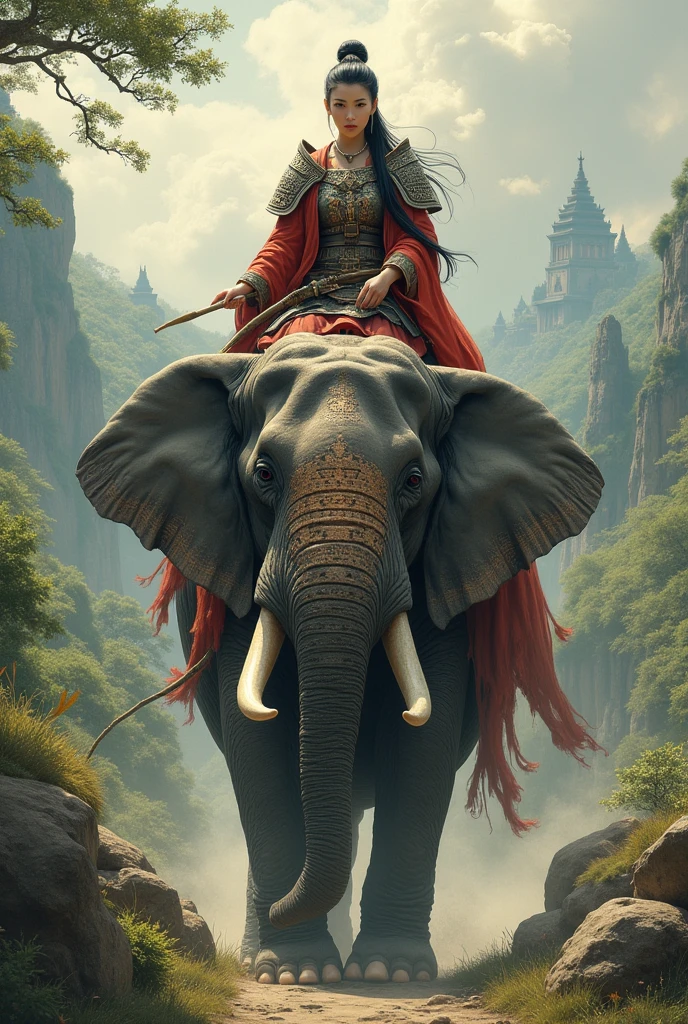 an asian female worrier riding on the head of an elephant during 16th century 