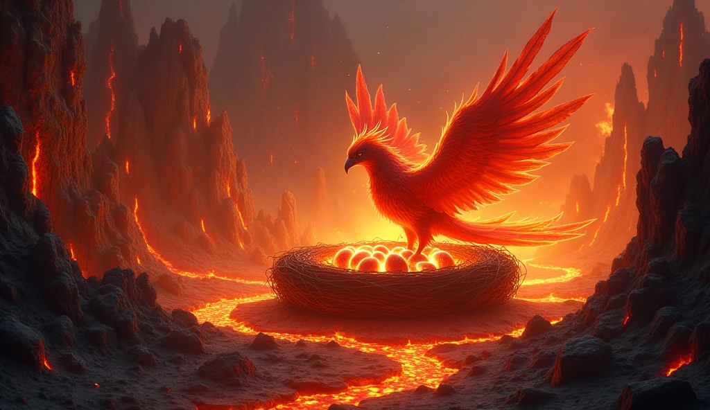 A breathtaking scene of a Phoenix nest perched within the heart of a massive, active volcano. The Phoenix is seen tending to its glowing, ember-like eggs, surrounded by a swirling aura of fire and heat. The volcano’s interior is a mix of flowing lava, sharp obsidian rocks, and pillars of smoke rising towards the crater’s opening. The Phoenix itself glows with an inner fire, its feathers shimmering in shades of red, orange, and gold. The atmosphere is intense, with the heat and light of the volcano creating a dramatic and otherworldly environment.