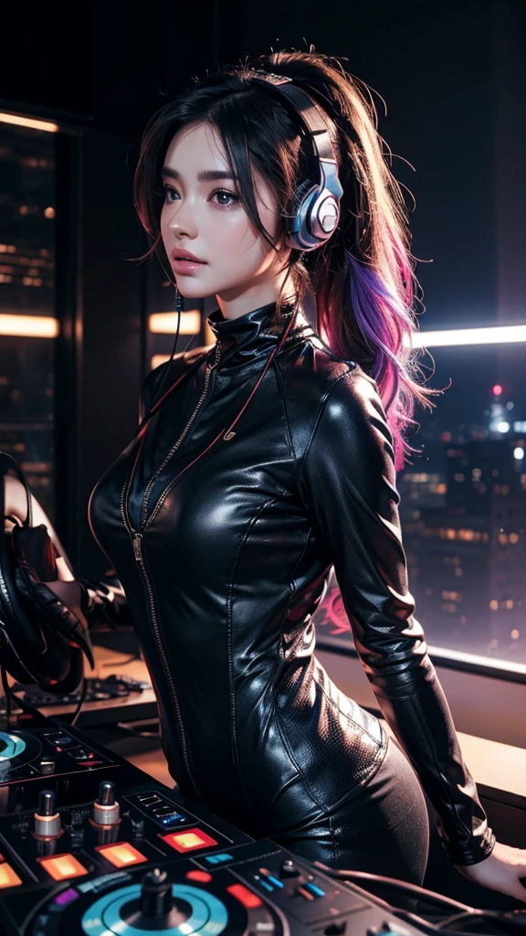 Best 8k quality Super realistic futuristic dj woman.
With super beautiful headphones .
Stylish clothes with vibrant colors.
It is in an environment that transmits a lot of music.
This centralizes, staring at the camera.