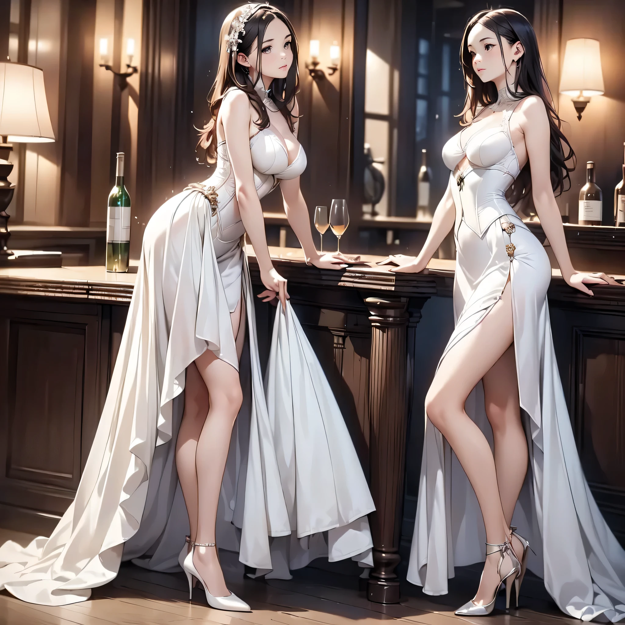 (masterpiece:1.3),(best quality, highest quality),((Full Body Shot,Including face)),1girl,Standing position,4K,masterpiece,((Focus on the face)),((Symmetrical facial features)),Beautiful woman,slender,Beautiful feet,((High heels)),Detailed depiction of the face,bar counter,uniform,Realistic,profile,Corset standing diagonally,Long skirt,White Wedding Dresses
