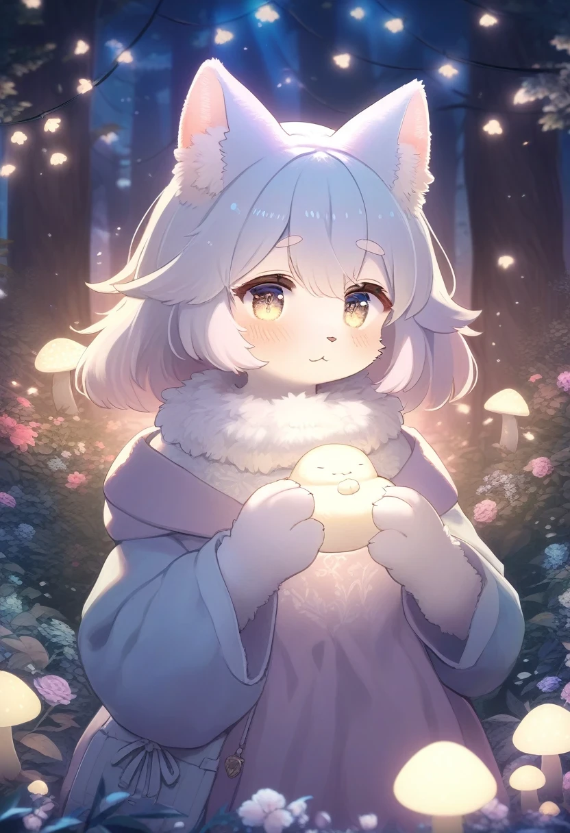 ((Masterpiece)), ((Best Quality)), (Very Detailed), ((Very Detailed)), 4K, (8K), very aesthetic, absurdres highres, 1 man, (anthropomorphic cat, furry, kemono:1.5), A cute female character with fluffy hair and fluffy clothes is surrounded by mysterious light in a pastel-colored magical forest. Furry animals gather around her, creating a fantastical atmosphere. The background is dotted with glowing mushrooms and fairy lights, and the trees are covered in flowers.