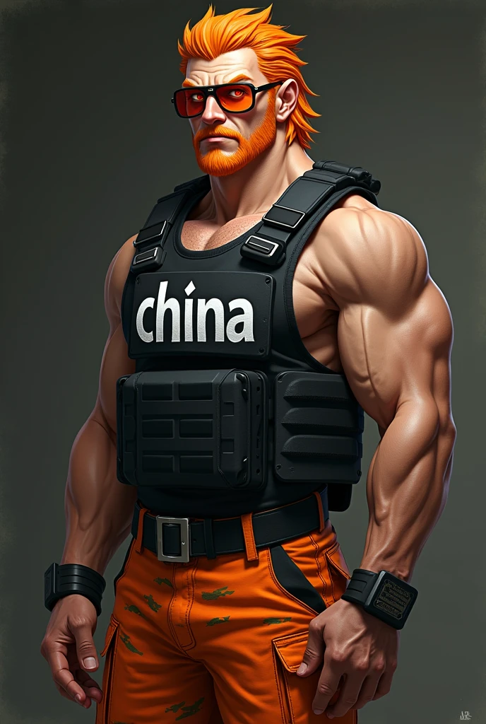 Character Name: [Your Choice]

Gender: Male

Appearance:

Skin Tone: Medium brown (parda)
Hair: Orange
Eyes: Red
Face: Realistic with detailed features
Clothing:

Top: No shirt
Bottoms: Orange camouflage shorts
Body Armor: Black ballistic vest with the name "Chiina" in white text
Accessories: Orange-tinted sunglasses
