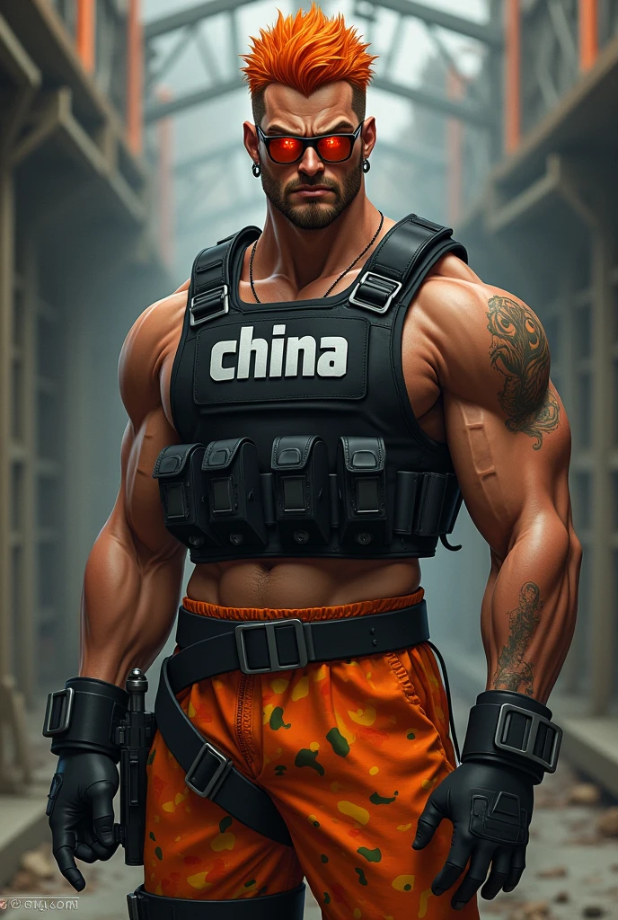 Character Name: [Your Choice]

Gender: Male

Appearance:

Skin Tone: Medium brown (parda)
Hair: Orange
Eyes: Red
Face: Realistic with detailed features
Clothing:

Top: No shirt
Bottoms: Orange camouflage shorts
Body Armor: Black ballistic vest with the name "Chiina" in white text
Accessories: Orange-tinted sunglasses
