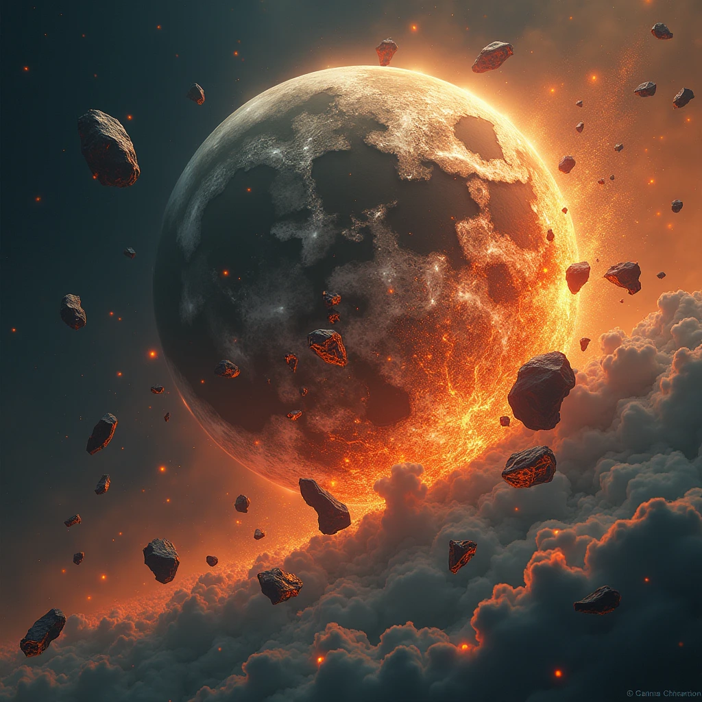 fragmented moon, Destroyed, Shattered, falling to earth, Panas, on fire, lava, Undoing