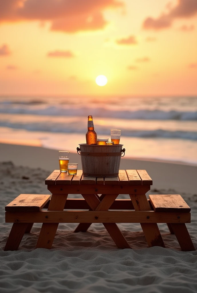 Picnic style table design with space for beer bucket, benches on the sides. The table is set in a beach setting and is ideal for celebrating with friends.. The materials and shapes denote a comfortable and pleasant sunset on a beautiful beach.