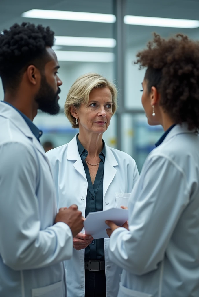 Three people are in the lab standing, all are wearing lab coats. One of them is early 60s woman, blonde short size hair and she is the auditor, holding some documents. One auditee is at early 30s man handsome with dark hair, beard and blue eyes, other auditte is middle early 40s woman with mid sized dark curly hair, hair not binded, she is from europe without African roots. All three's faces are visible and look real people from pictures. They are in a company called Novonesis. They are talking to each other not looking at the camera