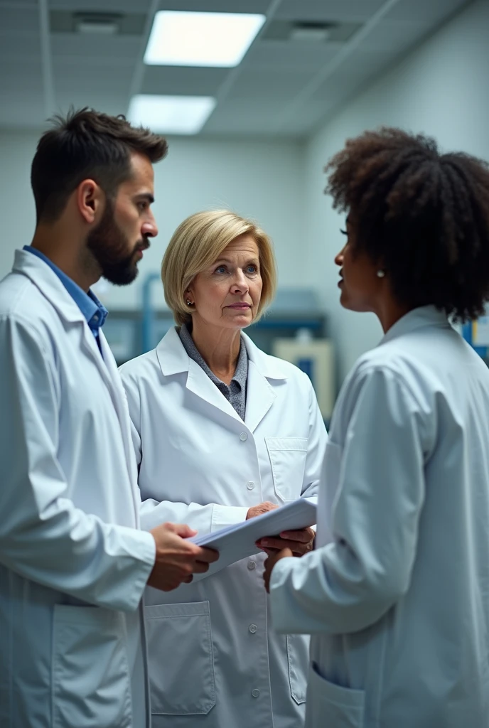 Three people are in the lab standing, all are wearing lab coats. One of them is early 60s woman, blonde short size hair and she is the auditor, holding some documents. One auditee is at early 30s man handsome with dark hair, beard and blue eyes, other auditte is middle early 40s woman with mid sized dark curly hair, hair not binded, she is from europe without African roots. All three's faces are visible and look real people from pictures. They are in a company called Novonesis. They are talking to each other not looking at the camera