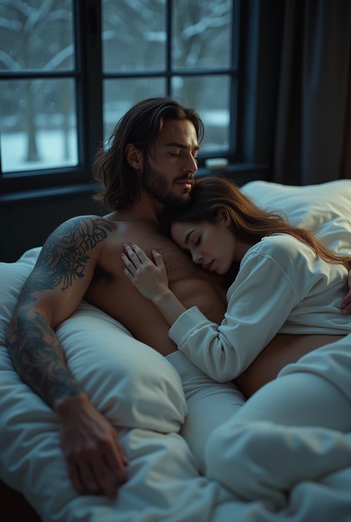 creating dynamic poses and long angle shots, a couple sleeping in a large bed,a man lying relaxed with his eyes closed, Yaman pode, 20 year, long brown hair with bun, strong square chin, defined chin, thin moustache, strong muscular physique, tattooed arm and hand, wearing no shirt, him'is just wearing white boxer briefs with a big penis. Do lado dhim está dormindo uma jovem mulher, 20 year, Kennedy Walsh, phim branca delicada, freckles, very long silky brown hair with bangs, a usar um sweatshirt branco largo, covered with blanket, hugging him a little. They are sleeping on a large white bed in a dark modern room at night with window panes showing the falling snow.