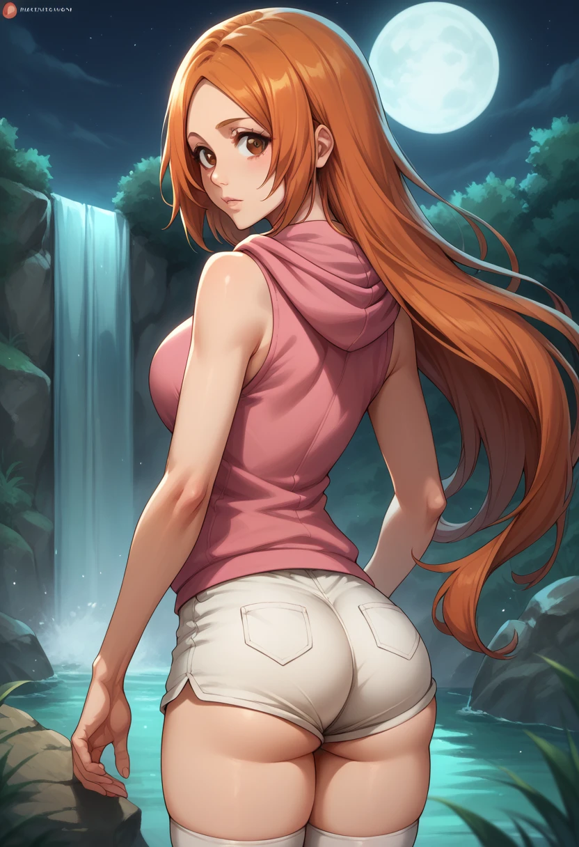 score_9, score_8_up, score_7_up, BREAK, score_9, inoue orihime, long hair, orange hair, brown eyes, thighhighs, shorts, sleeveless, hood, hoodie, pink hoodie, looking at viewer, cowboy shot, ass, from behind, night, full moon, waterfall