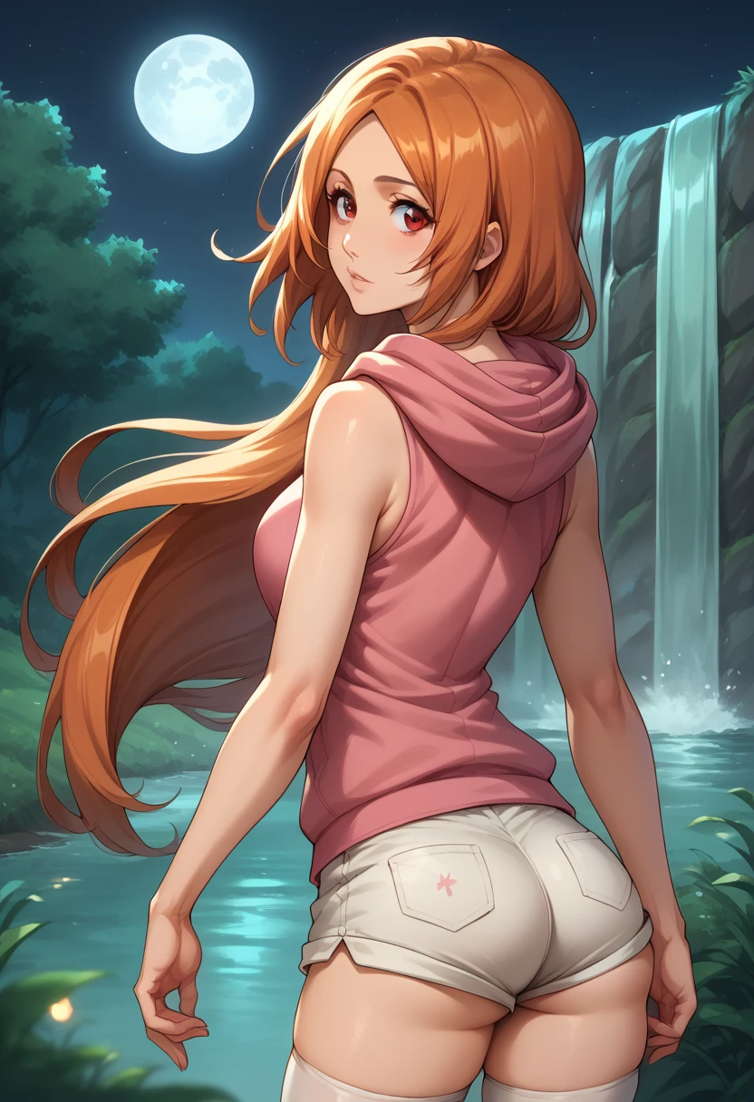 score_9, score_8_up, score_7_up, BREAK, score_9, inoue orihime, long hair, orange hair, brown eyes, thighhighs, shorts, sleeveless, hood, hoodie, pink hoodie, looking at viewer, cowboy shot, ass, from behind, night, full moon, waterfall