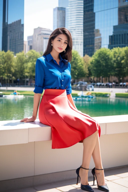 Colorful collared shirts、(Midi Skirt:1.2) 、Full Body Portrait、silk pantyhose、Sitting、Both legs and high heels look beautiful.、1 girl、Perfect body,Two well-balanced legs、 Perfect hands, Perfect Face, Perfect Eyes, Accurate,(Perfect Anatomy, Anatomically correct), Perfectly clear and sharp focus、Large Breasts、Modern architecture in the background、((Highest quality、Ultra-high resolution、masterpiece))