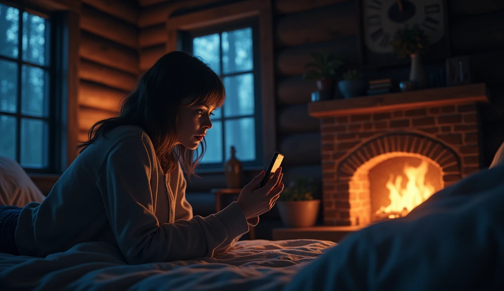 Lucy inside the cabin at night grabbed her phone and called