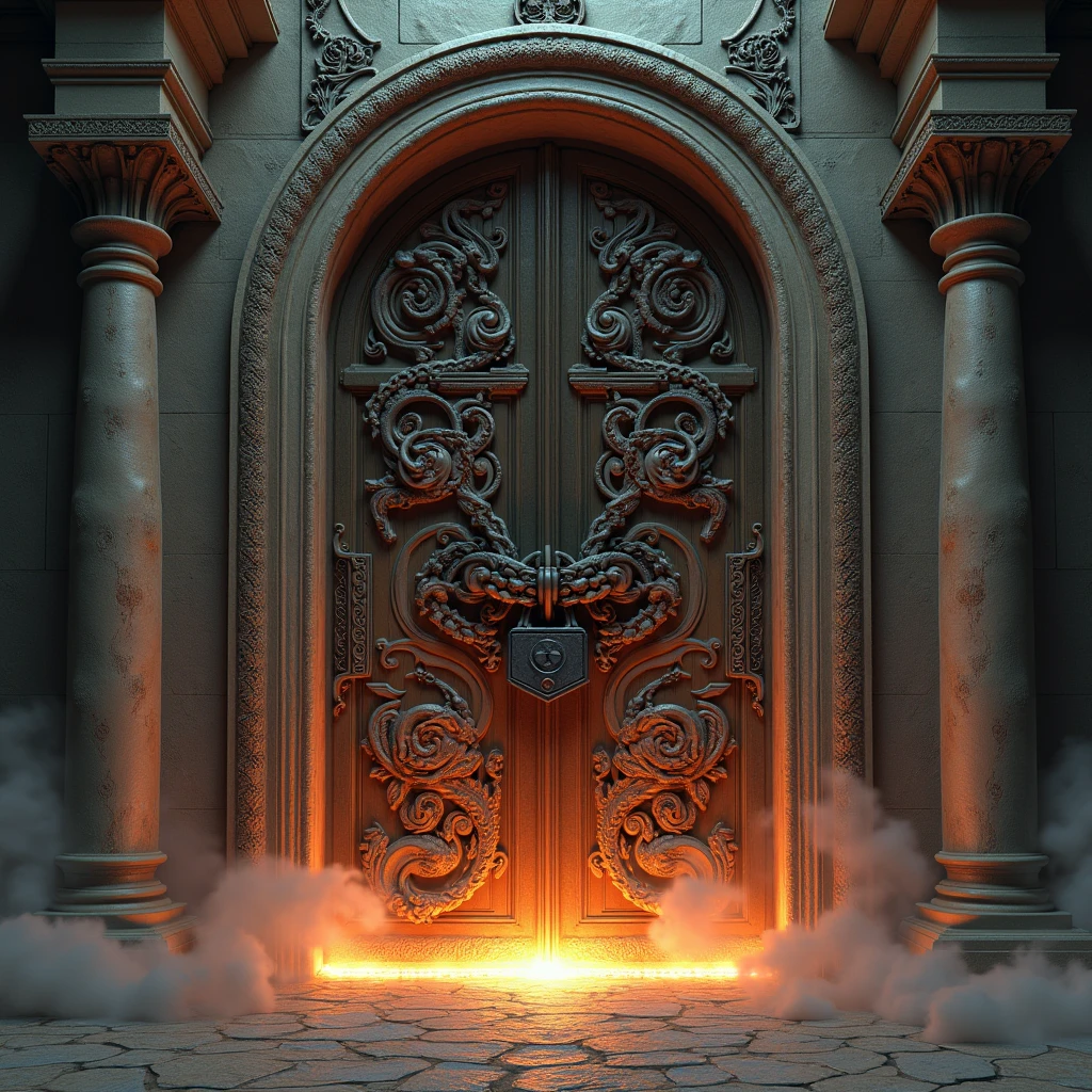 A giant steel lock가 달린 고전적인 오래된 인도의 오래된 문, Carved flower and snake design., tied with steel chains, octane render, Cinema 4D Render, Hyper-detailed doors sealed with massive steel chains., closed door with lamp on wall, A flame of fire on the ground, Smoke on the ground, hell gate, Gates of Hell, Symmetrical epic fantasy art, Gates of Hell, Epic fantasy novel cover art, The Magnificent Occult Gates, And Mumford Tom Bagshaw, Gates of Hell, Portal to the Realm of the Lost Flame, And Mumford and Alex Gray Estilo, Portal to Hell, Sealed Steel Chain, giant lock, surreal, photorealism, movie lights, A giant steel lock, The fire torch hit the wall., Full color detail,