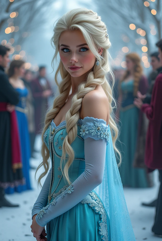 Create a realistic image of a 20 year old woman, long blonde hair, blue eyes, cheekbones, ((full body)), dressed as a snow queen, background image: a fancy dress party with people , from head to toe, full body, hyper realistic photo