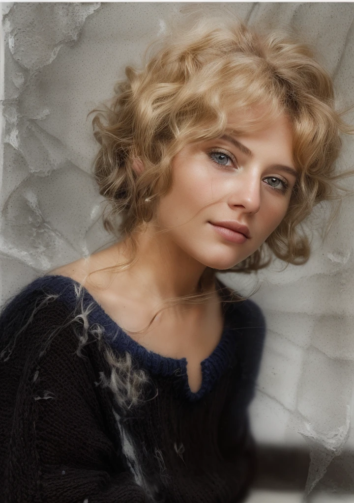 a portrait of a beautiful woman, with wavy hair, Sand Color, in a dark blue sweater