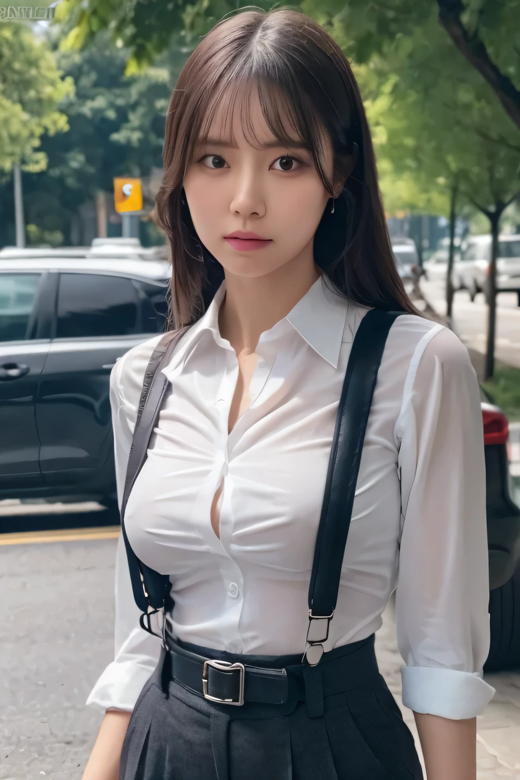 a woman in a suit, belt, hands behind back, sweating, suspenders, black pants, ly, large breee-through clothing, rain, detective, office worker, white button-up t, (best quality,4K,8k,highres,masterpiece:1.2),ultra-detailed,(realistic,photorealistic,photo-realistic:1.37),hyper-detailed,highly detailed face and body, Slender thin suspenders Moderate breasts See-thhirt Nipples holster chain Armament criminal Female criminal knife