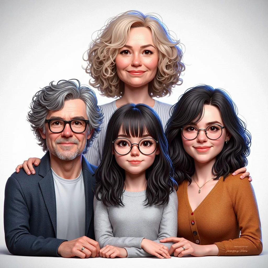 3D realistic caricature drawing.
The family consists of:
A 50-year-old father with very short hair.
A 4 chubby mother with brown hair.
Two teenage girls, with long black hair and glasses.