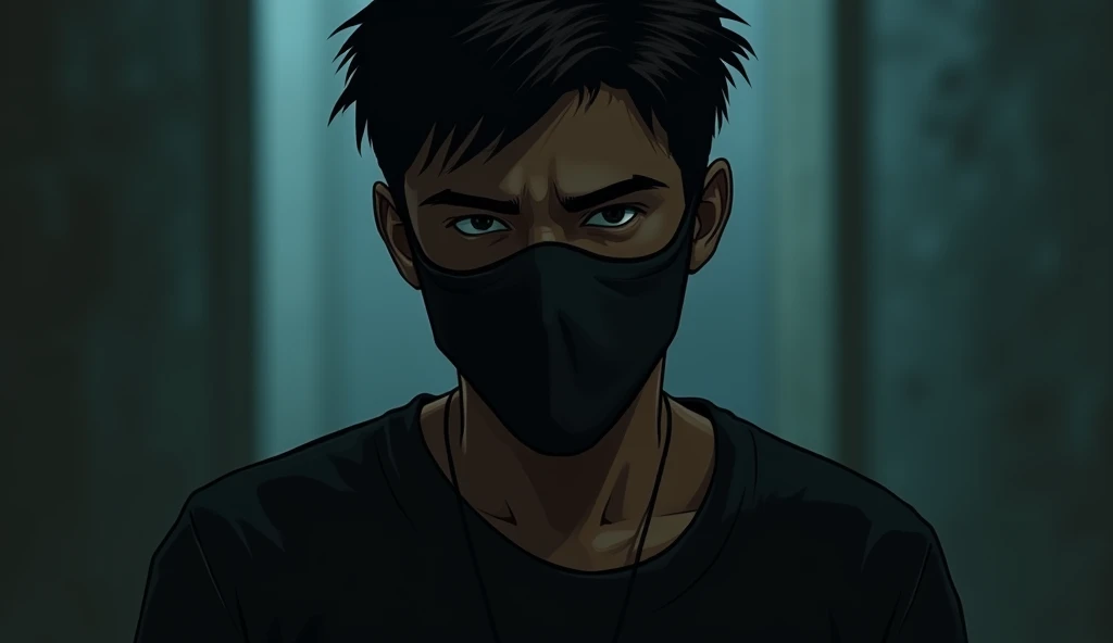 A Indian men wearing mask on the face because he didn't wants to revile own face and he also wear black t-shirt. Short mask use and image some jome. The men is young and his colour is Indian white. Image is some horror and he wearing short mask on the face