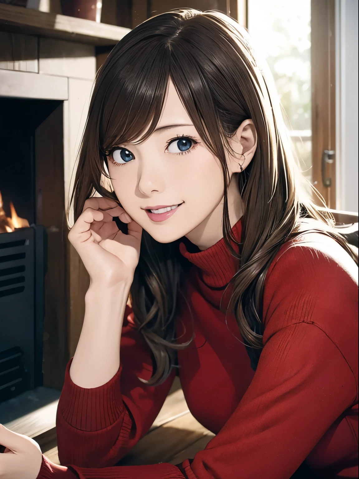 High resolution, 8k, Highest quality, detailed, Semi-realistic anime, Anime 3D Style, Smooth anime CG, One Girl, A 20-year-old Japanese woman, slim, Modeled, Shiny brown hair, detailedな顔, Beautiful and detailed, Glowing Skin, Hard Focus、Film Grain, Soft lighting, Looking at the audience, Laughter, (Woman wearing fleece and jeans), In front of the fireplace in the mountain hut、A warm living room surrounded by wooden furniture