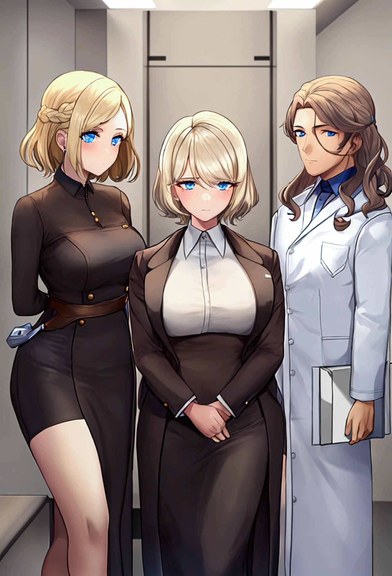 Three people are in the lab standing, all are wearing lab coats. One of them is early 60s woman, blonde short size hair and she is the auditor, holding some documents. One auditee is at early 30s man handsome with dark hair, beard and blue eyes, other auditte is middle early 40s woman with mid sized dark curly hair, hair not binded, she is from europe without African roots. All three's faces are visible and look real people from pictures. They are in a company called Novonesis. They are talking to each other not looking at the camera