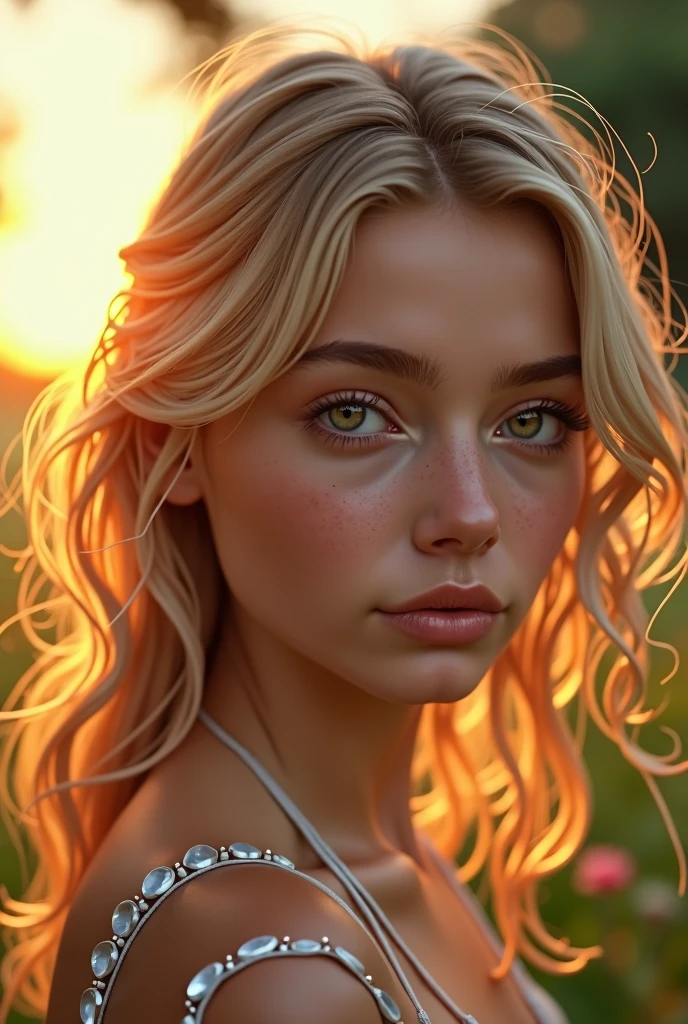 beautiful 1 blonde girl with brown eyes, highly detailed portrait, extremely detailed face, beautiful detailed eyes, beautiful detailed lips, beautiful detailed skin, intricate details, photorealistic, cinematic lighting, natural lighting, detailed environment, lush garden, golden hour, vibrant colors, warm tones, soft focus, hyper realistic, masterpiece, best quality, 8k