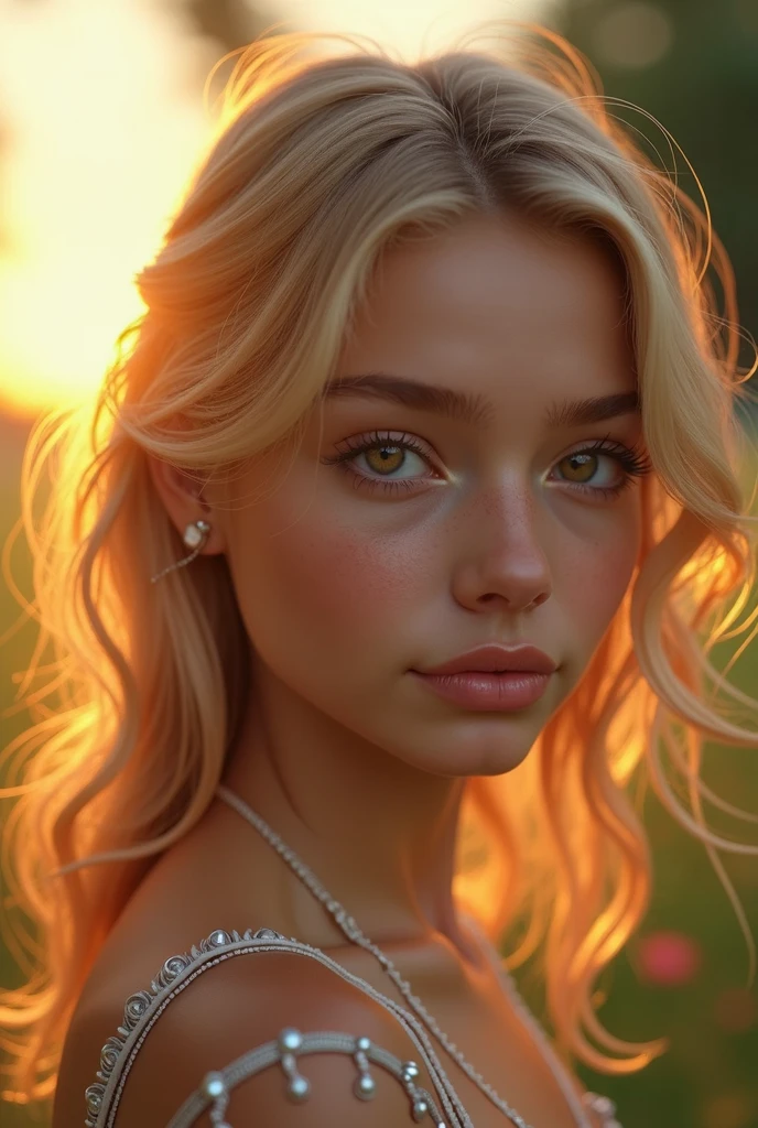 beautiful 1 blonde girl with brown eyes, highly detailed portrait, extremely detailed face, beautiful detailed eyes, beautiful detailed lips, beautiful detailed skin, intricate details, photorealistic, cinematic lighting, natural lighting, detailed environment, lush garden, golden hour, vibrant colors, warm tones, soft focus, hyper realistic, masterpiece, best quality, 8k