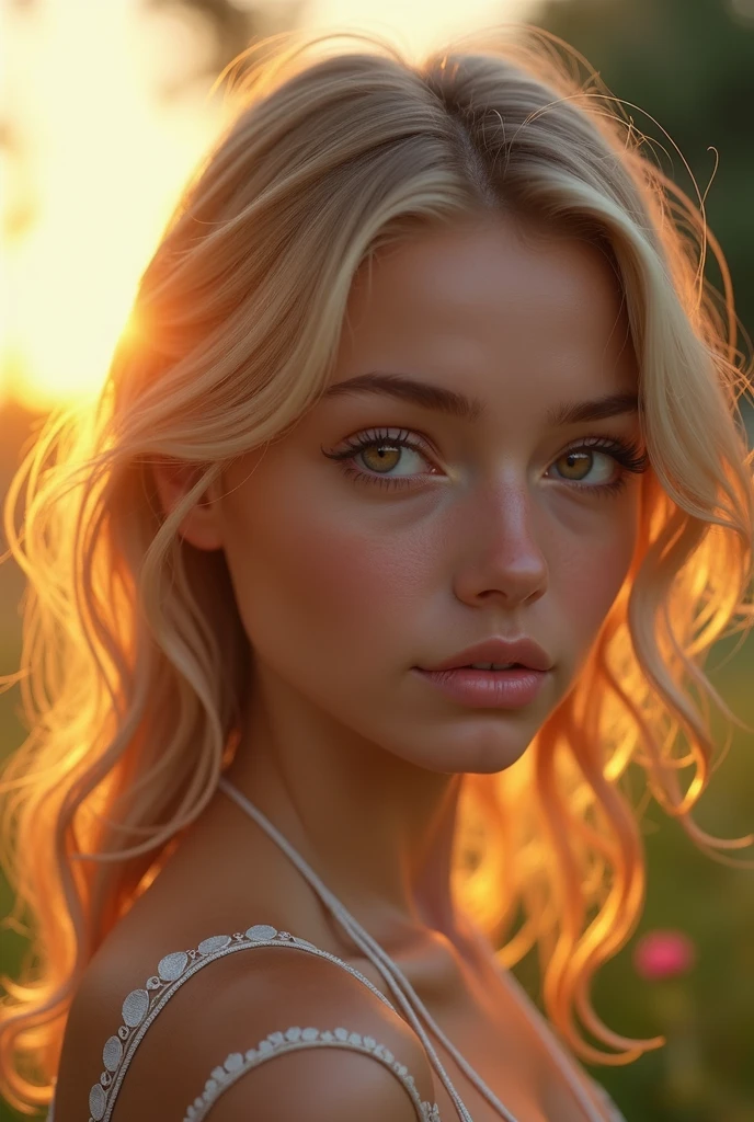 beautiful 1 blonde girl with brown eyes, highly detailed portrait, extremely detailed face, beautiful detailed eyes, beautiful detailed lips, beautiful detailed skin, intricate details, photorealistic, cinematic lighting, natural lighting, detailed environment, lush garden, golden hour, vibrant colors, warm tones, soft focus, hyper realistic, masterpiece, best quality, 8k