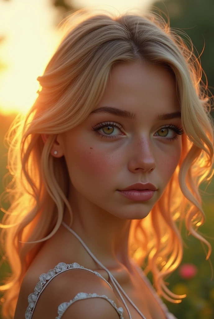 beautiful 1 blonde girl with brown eyes, highly detailed portrait, extremely detailed face, beautiful detailed eyes, beautiful detailed lips, beautiful detailed skin, intricate details, photorealistic, cinematic lighting, natural lighting, detailed environment, lush garden, golden hour, vibrant colors, warm tones, soft focus, hyper realistic, masterpiece, best quality, 8k