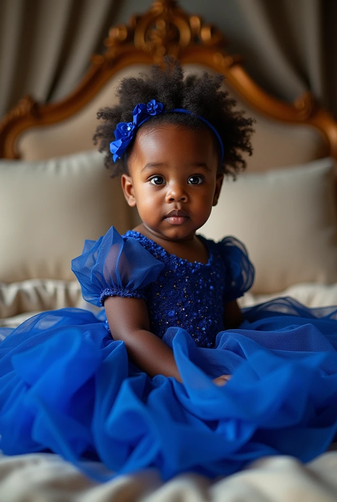 Beautiful 2year old black baby girl wearing a royal blue short ball gown sitting on a bed 