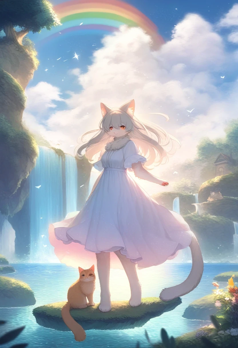 ((Masterpiece)), ((Best Quality)), (Very Detailed), ((Very Detailed)), 4K, (8K), very aesthetic, absurdres highres, 1 man, (anthropomorphic cat, furry, kemono:1.5), On an island floating in the sky, a fluffy-haired woman wearing a pastel-colored dress is having fun with fluffy animals. Soft light surrounds the entire island, creating a peaceful and calm atmosphere. In the background, there are rainbow-colored waterfalls and floating crystals, and the sky is filled with stars.


