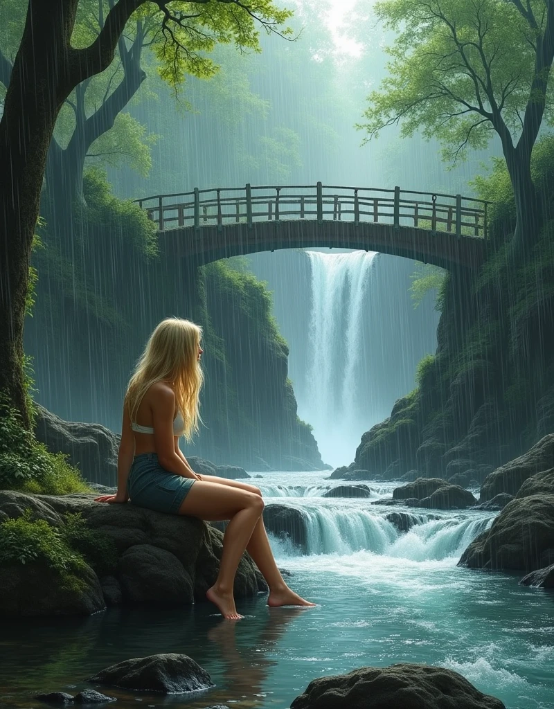 Create a rainy scene,The picture contains trees、Beautiful waterfall、A bridge across a river,River flowing over rocks,A beautiful blonde sitting on a rock,Fall in love。