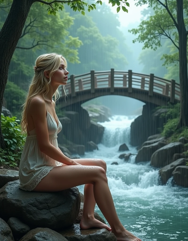 Create a rainy scene,The picture contains trees、Beautiful waterfall、A bridge across a river,River flowing over rocks,A beautiful blonde sitting on a rock,Fall in love。